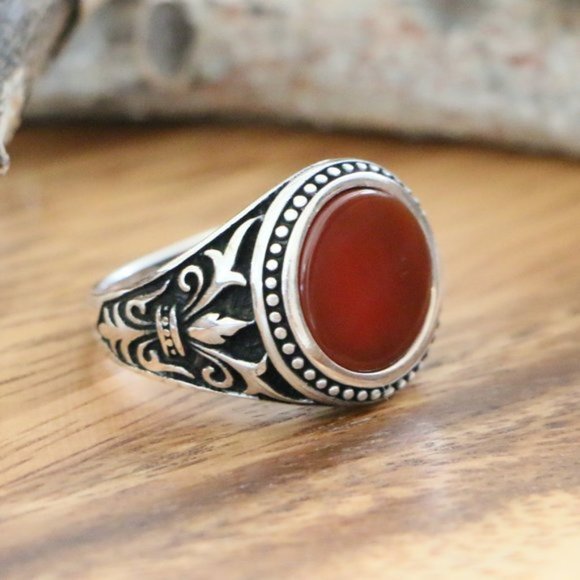 925 Sterling Silver Men's Ring Natural Red Agate - Picture 1 of 9